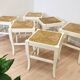 Set of 6 Vintage White Wooden Stool 1970s Boho Thatched Seat