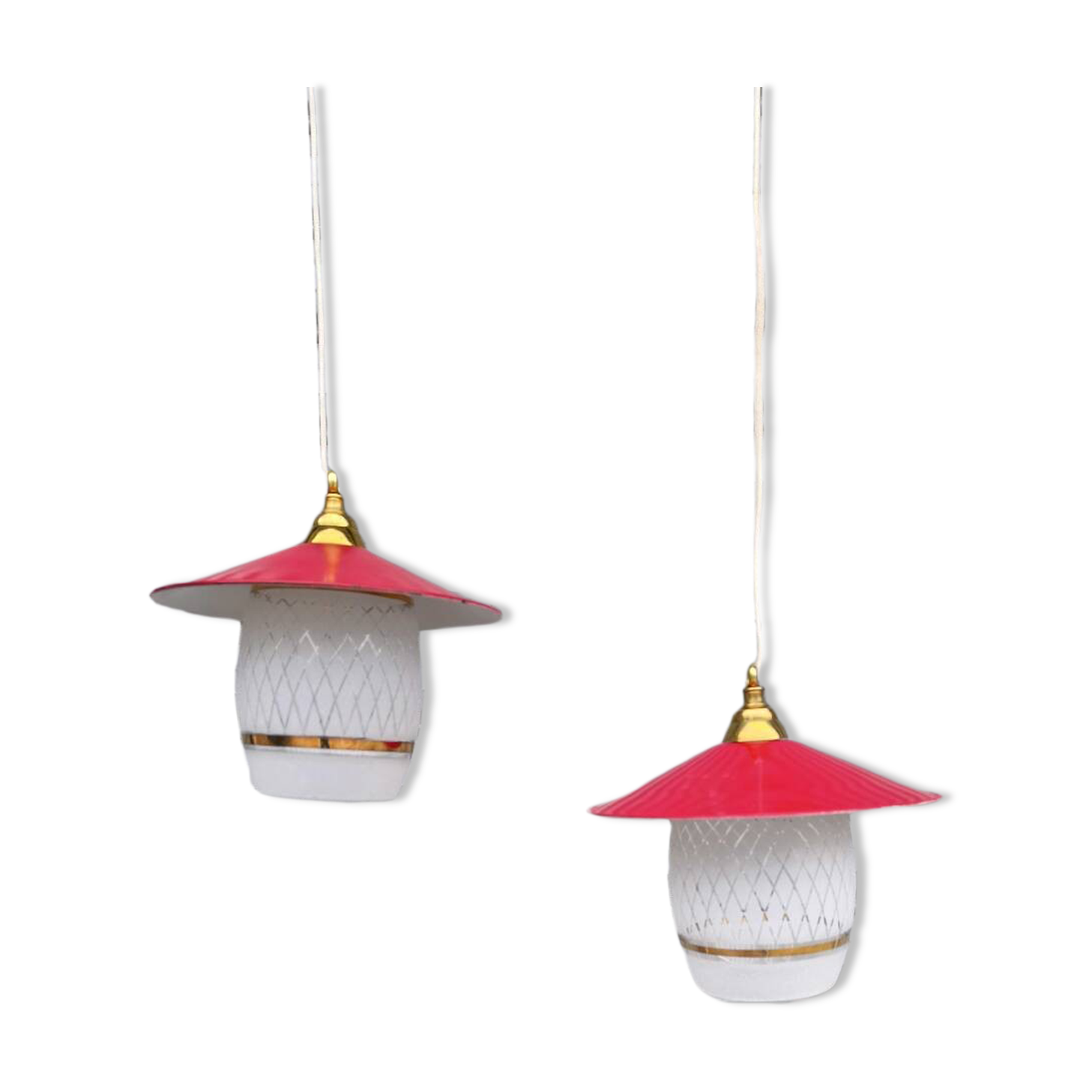 Pair of enamelled sheet metal and glass pendant lights