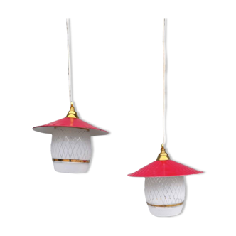 Pair of enamelled sheet metal and glass pendant lights
