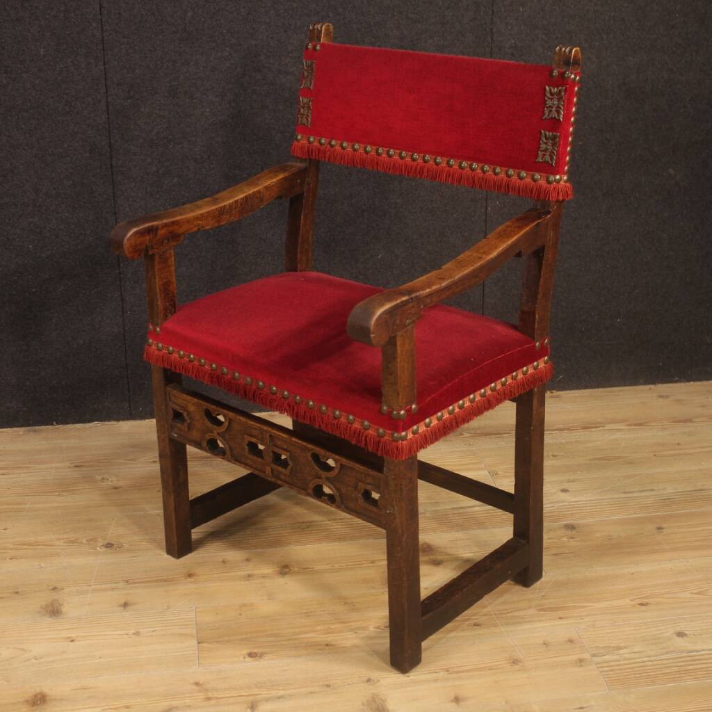 Antique Italian Walnut Armchair With Red Fabric From 19th Century