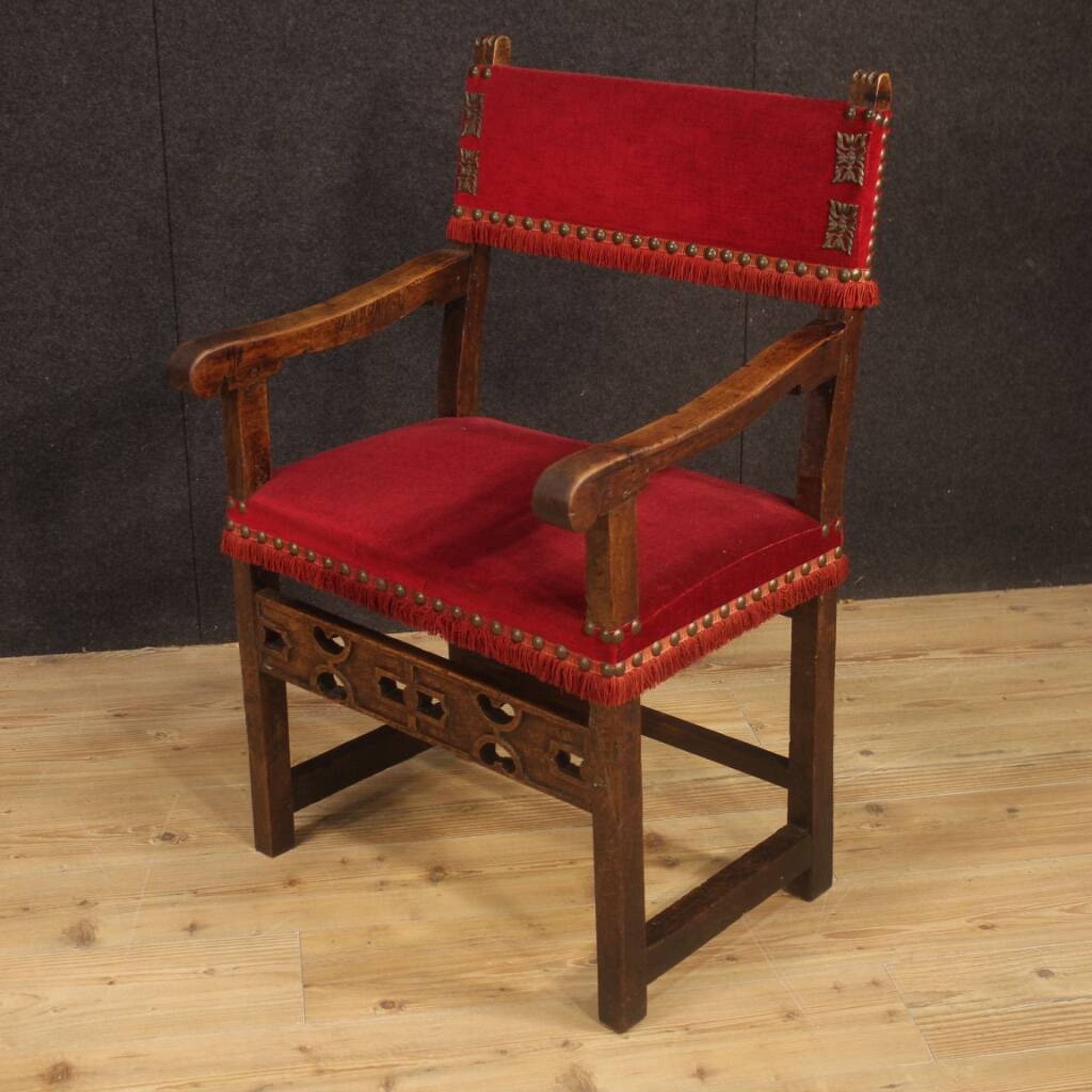 Antique Italian Walnut Armchair With Red Fabric From 19th Century