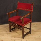 Antique Italian Walnut Armchair With Red Fabric From 19th Century
