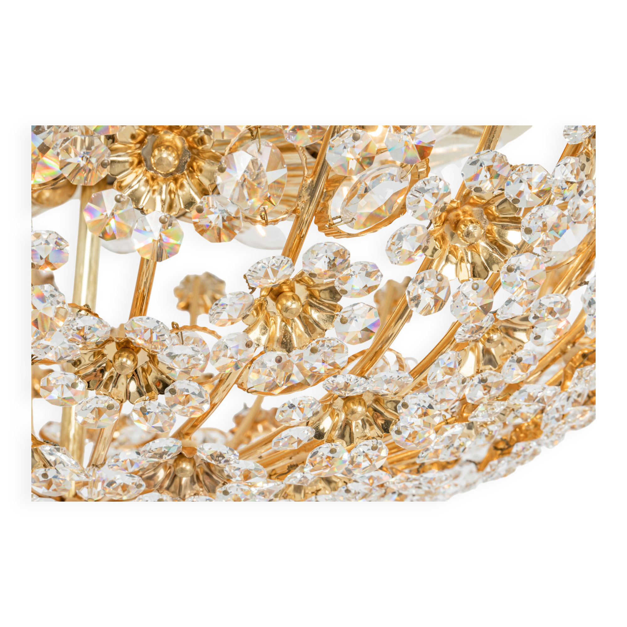 Small delicate ceiling light in gilded brass and cut glass in the shape of flowers by Palwa, Germany, 1970s.