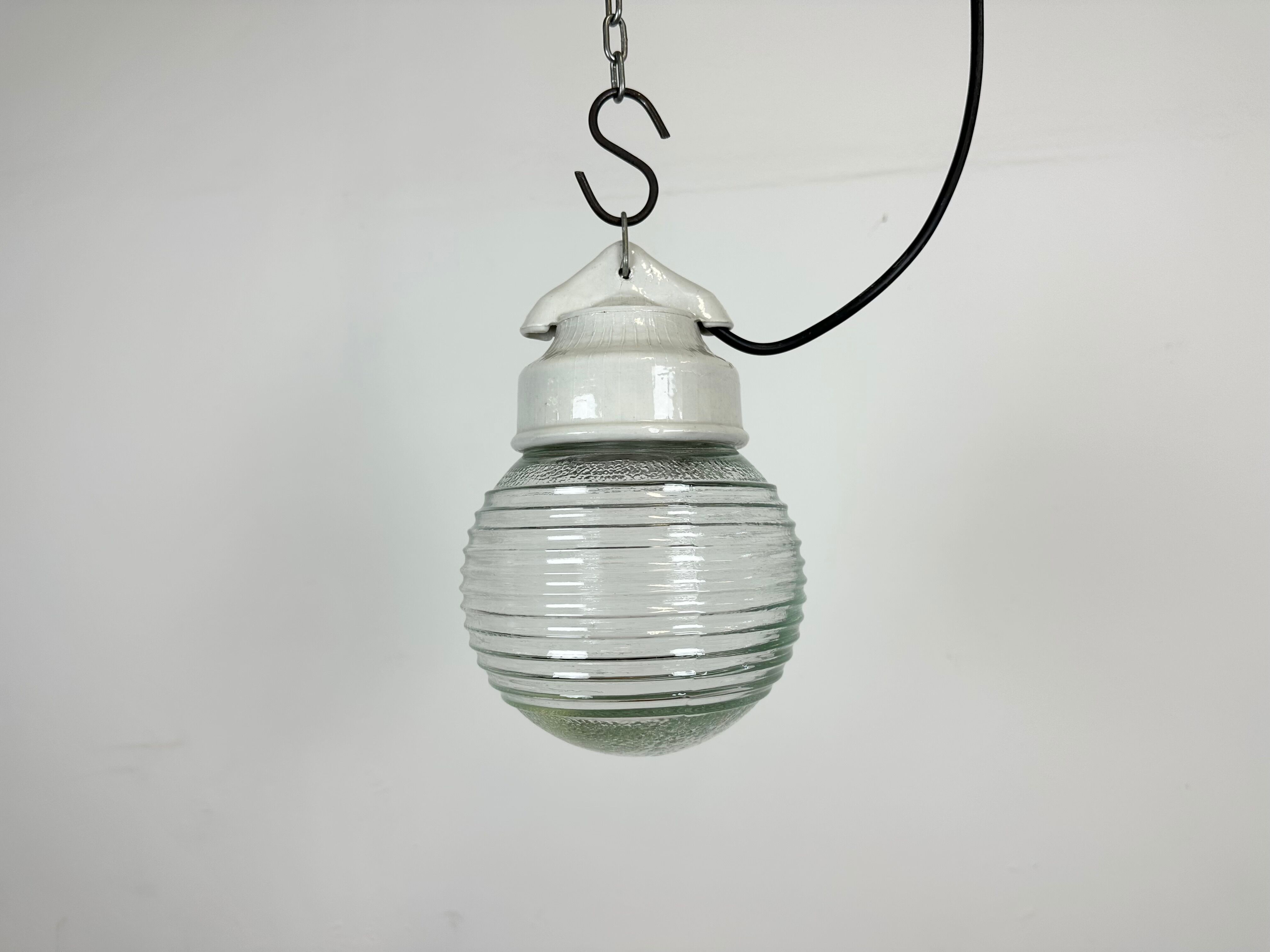 Vintage White Porcelain Pendant Light with Ribbed Glass, 1970s