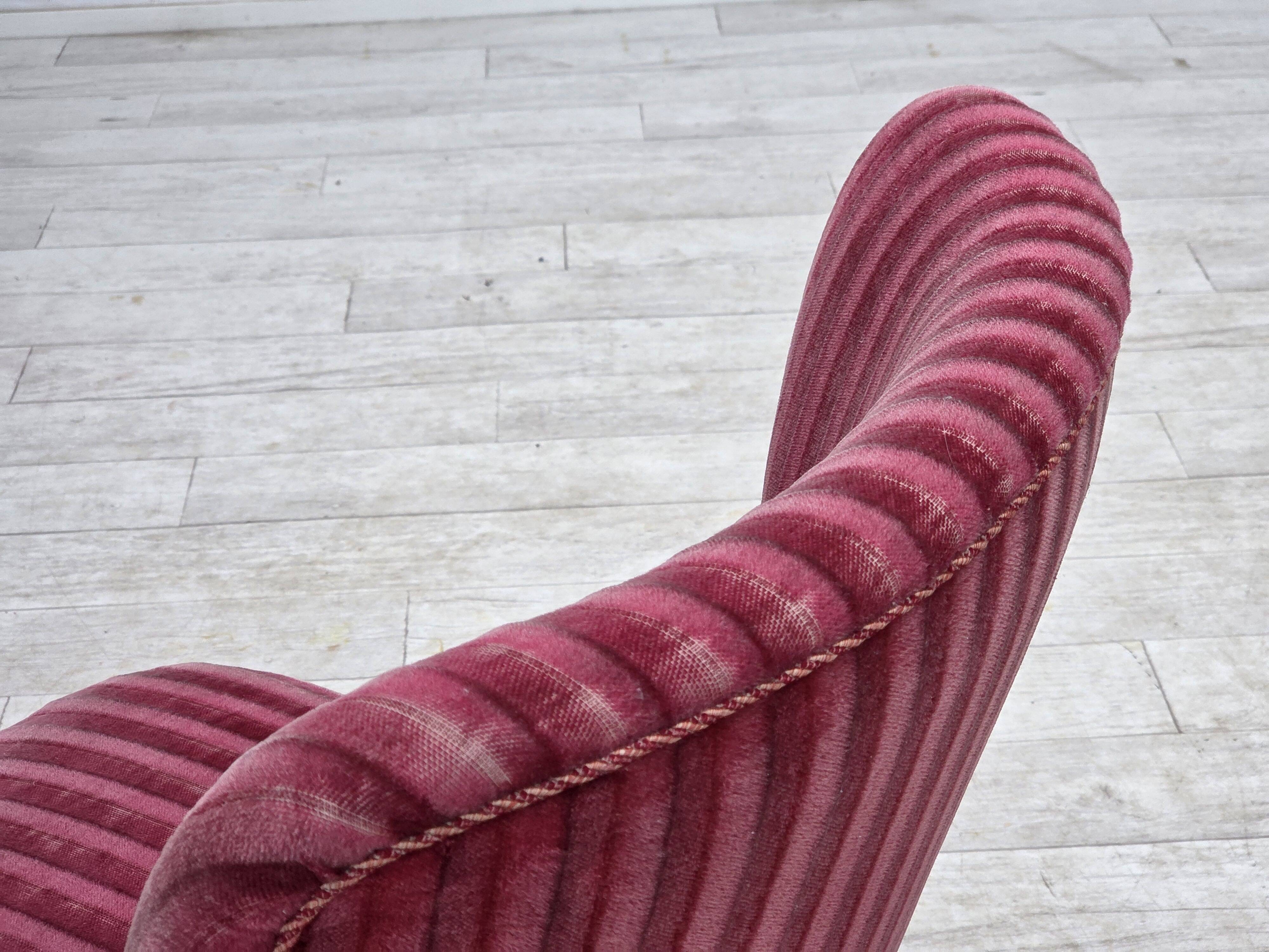 1960s, Danish armchair, original striped red furniture velour.