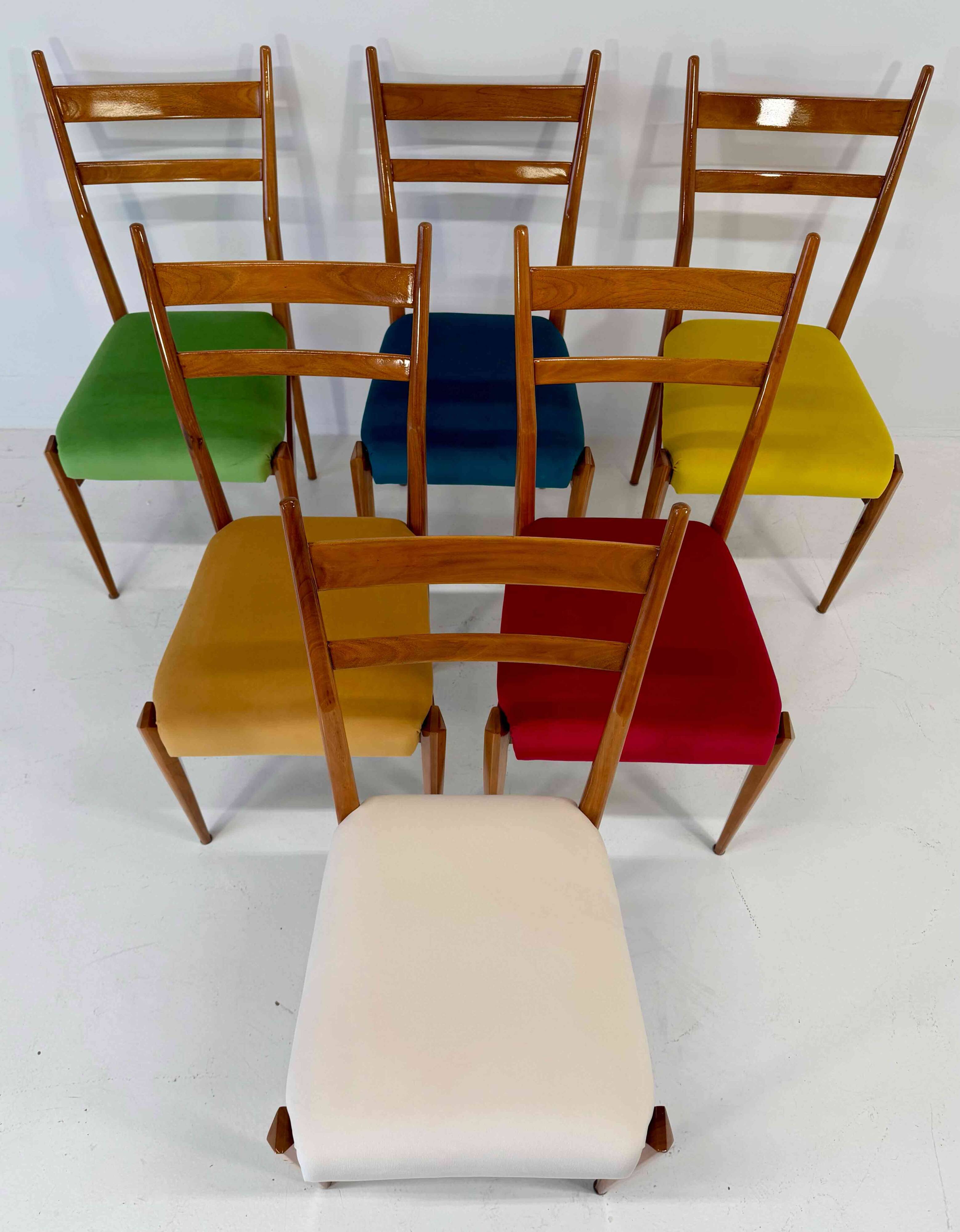 Set of Six Italian Art Deco Walnut Chairs with Colorful Velvet Seats, 1950s