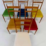 Set of Six Italian Art Deco Walnut Chairs with Colorful Velvet Seats, 1950s