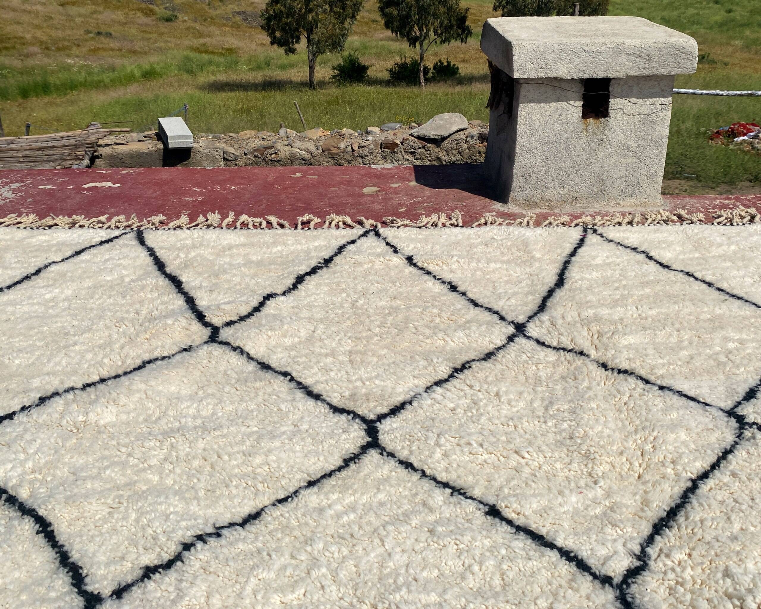 Very large vintage Beni Ouarain rug in cream wool with black diamonds, 426x344cm.