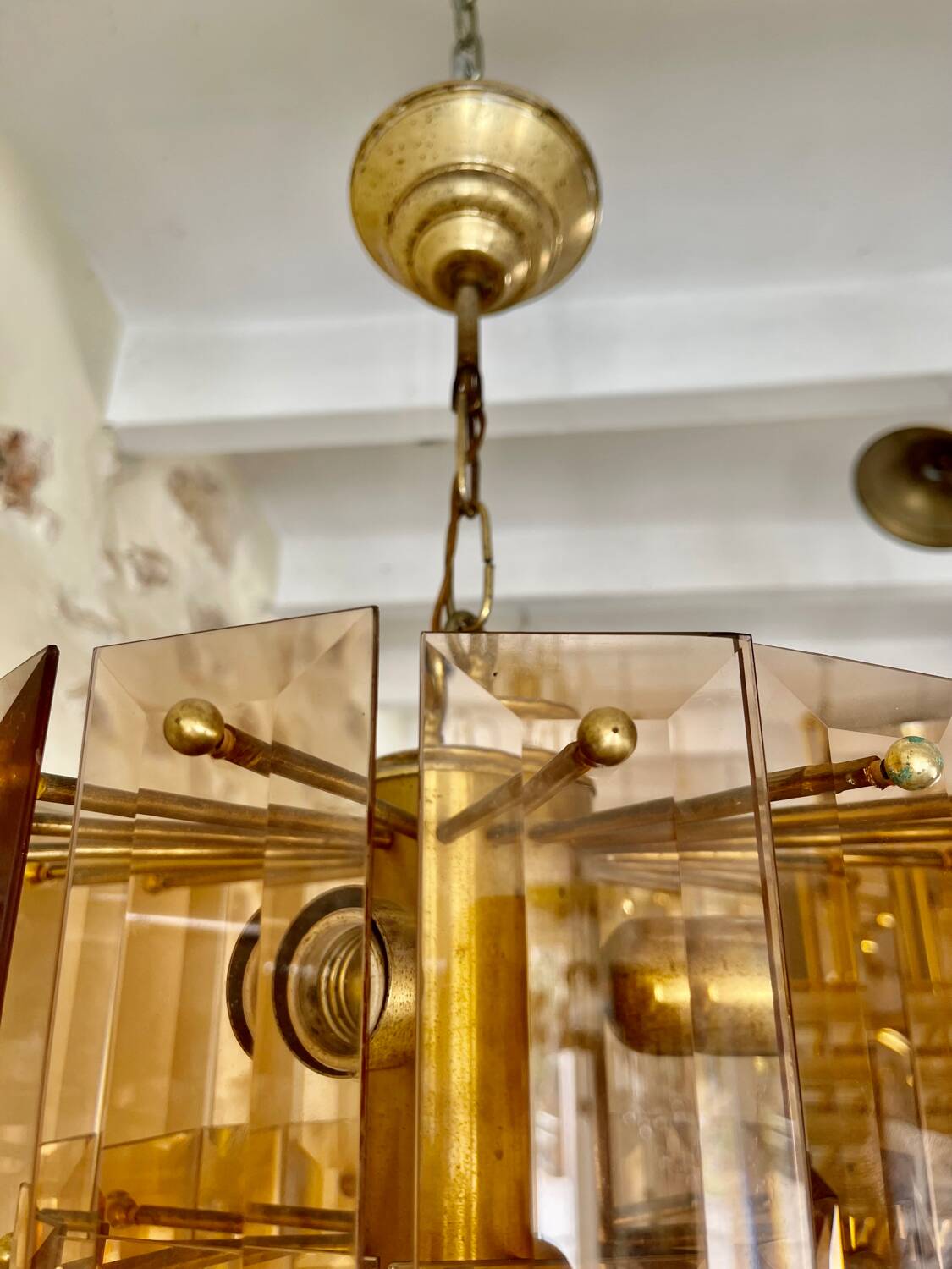 Veca chandelier glass structure brass, Spain 1960
