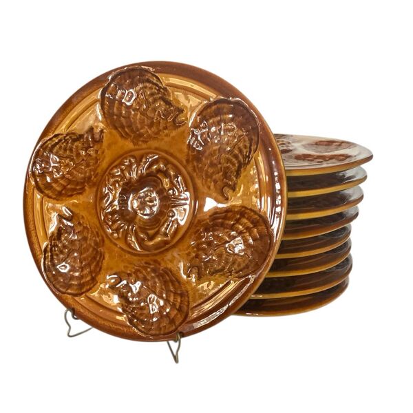 Lot de 9 assiettes à huîtres barbotine Sarreguemines