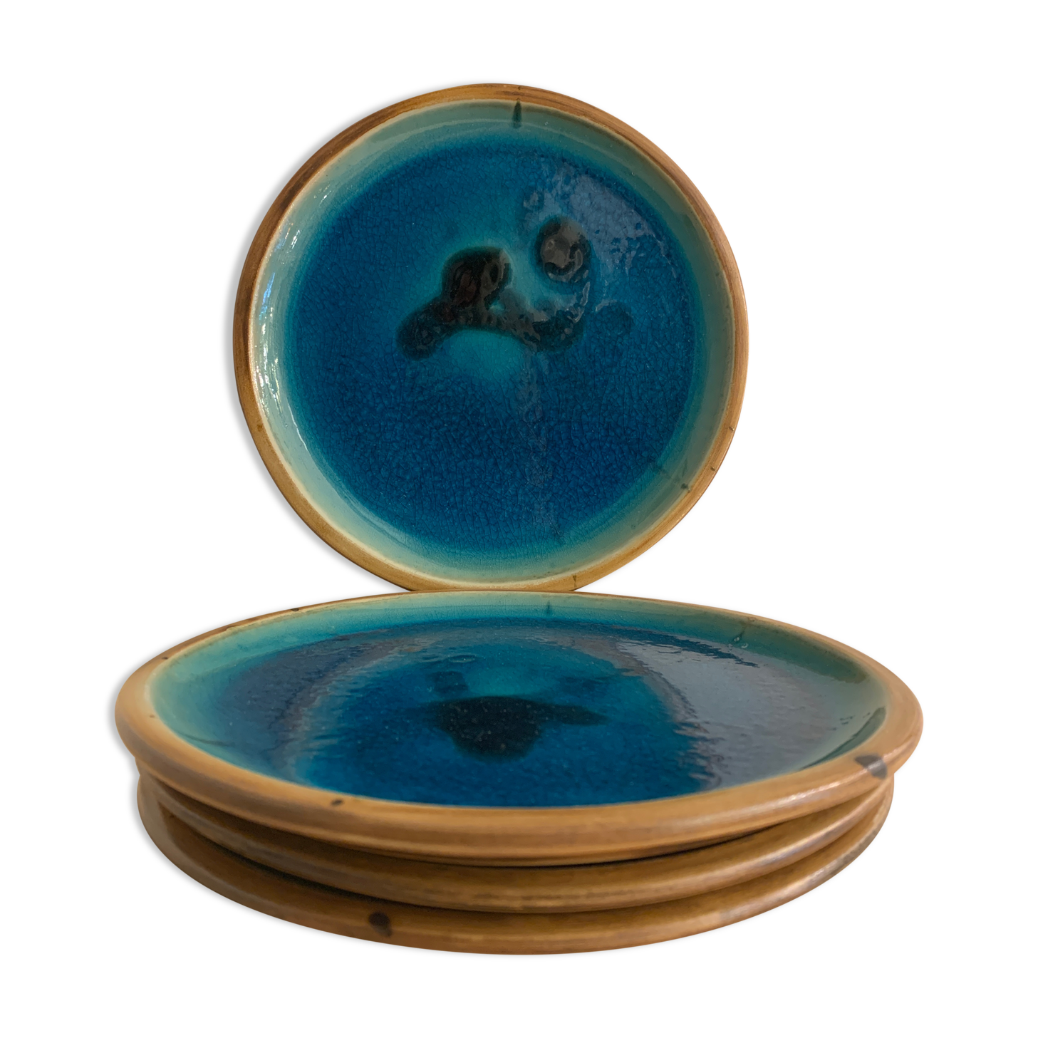 4 flat plates in blue enamelled ceramic La Poterie de la Colombe
