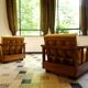Antique Art Deco cubic-shaped armchairs in walnut and velvet, Germany, 1920s, set of 2