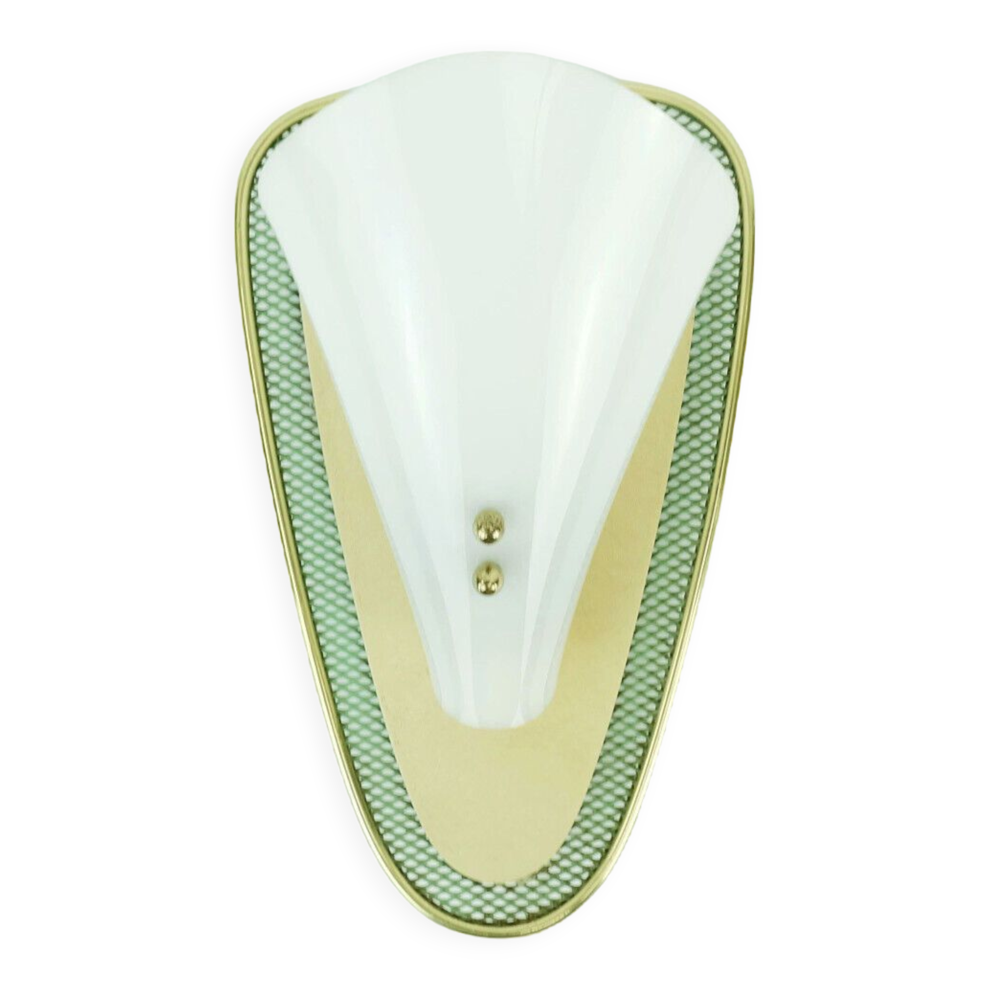 1950s sconce green metal mesh and brass with white acrylic shade