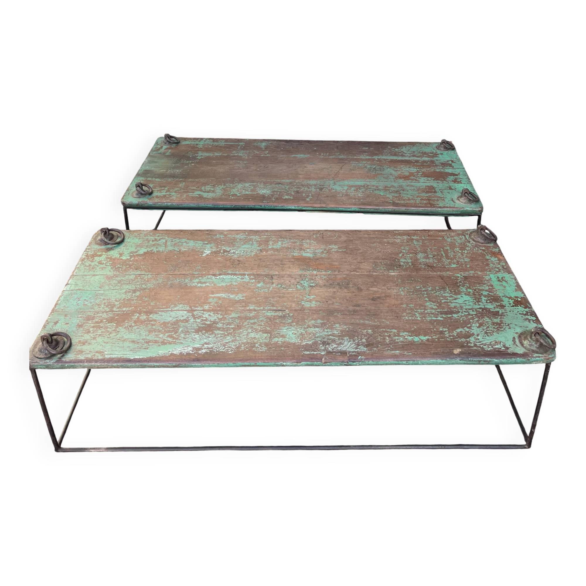 Pair of green teak coffee tables.