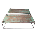 Pair of green teak coffee tables.