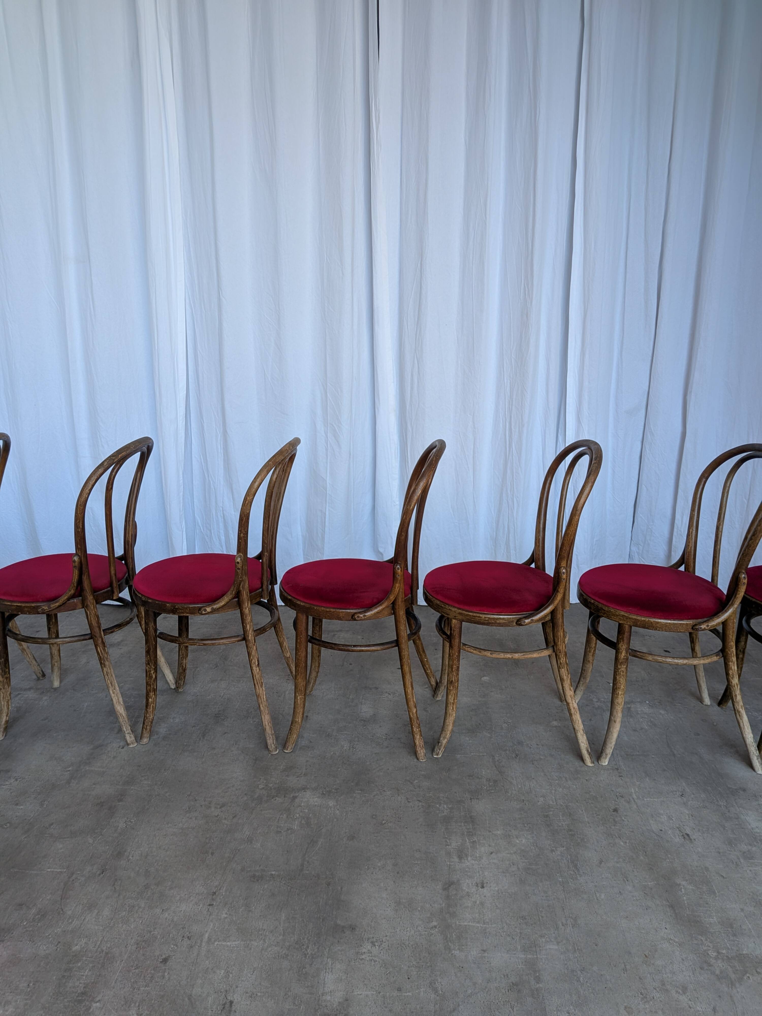 Set of 8 Vintage Bentwood Bistro Chairs: Red Upholstery