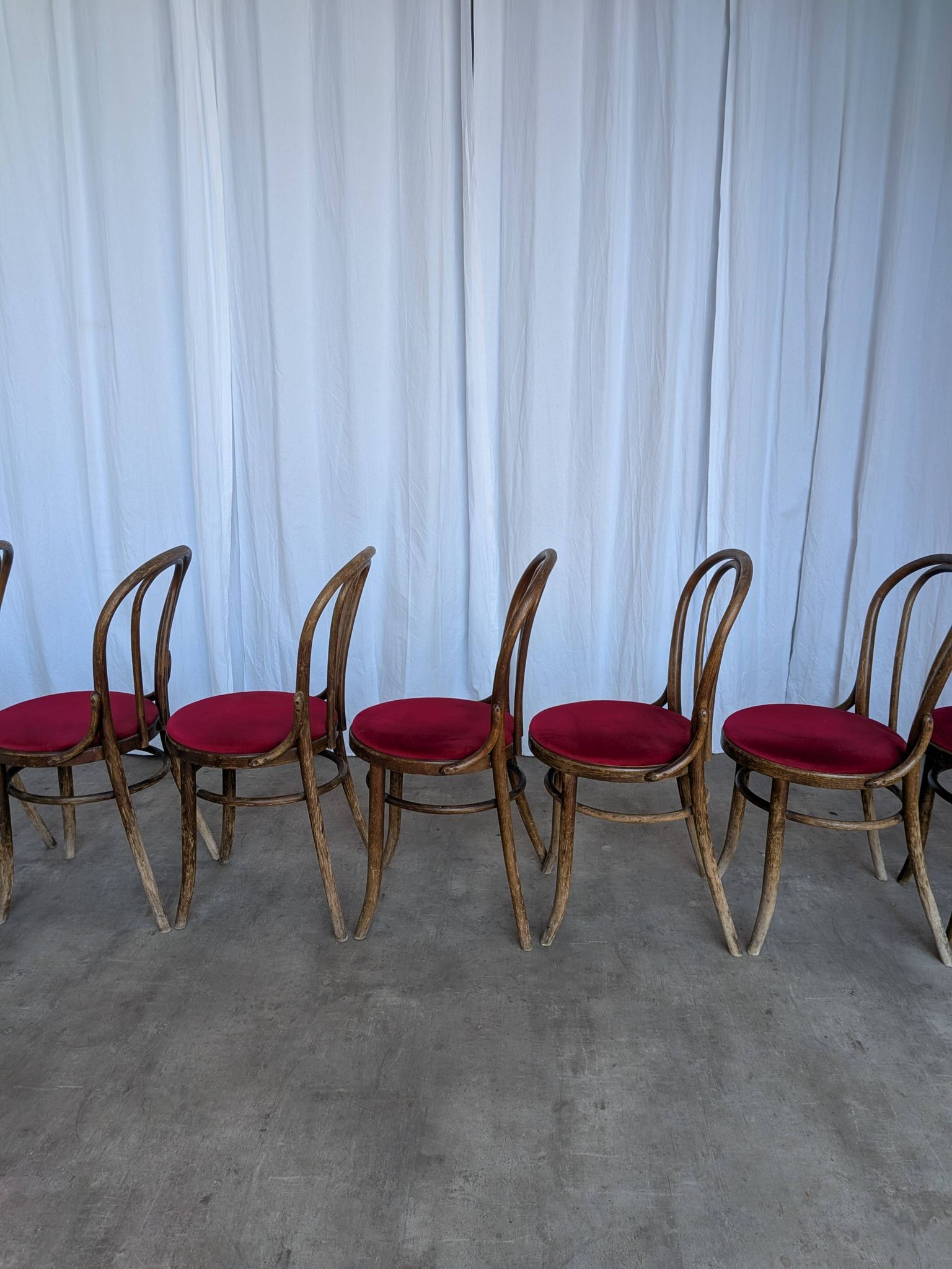 Set of 8 Vintage Bentwood Bistro Chairs: Red Upholstery