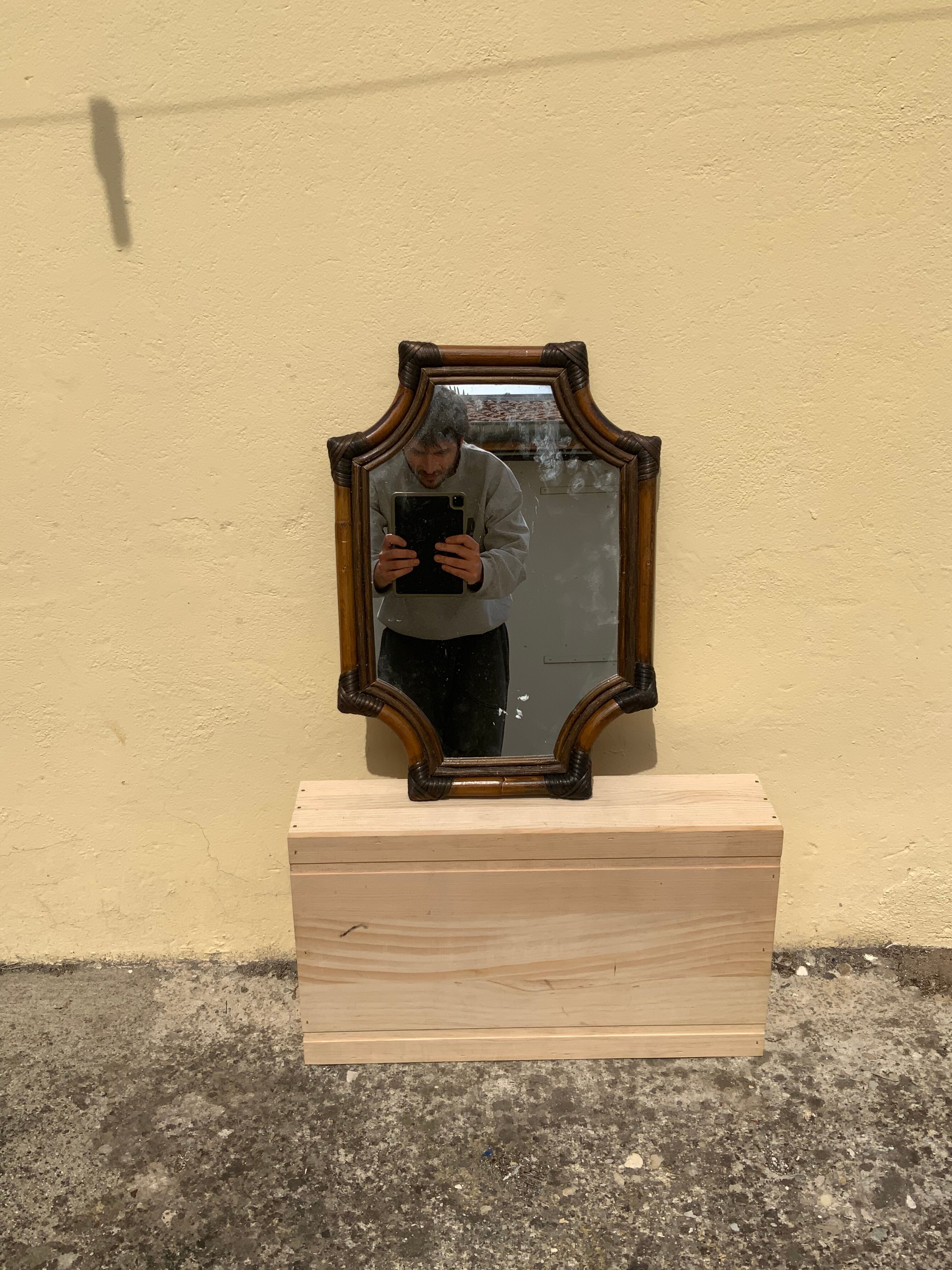 Large format retro decorative vintage wicker and rattan wood mirror