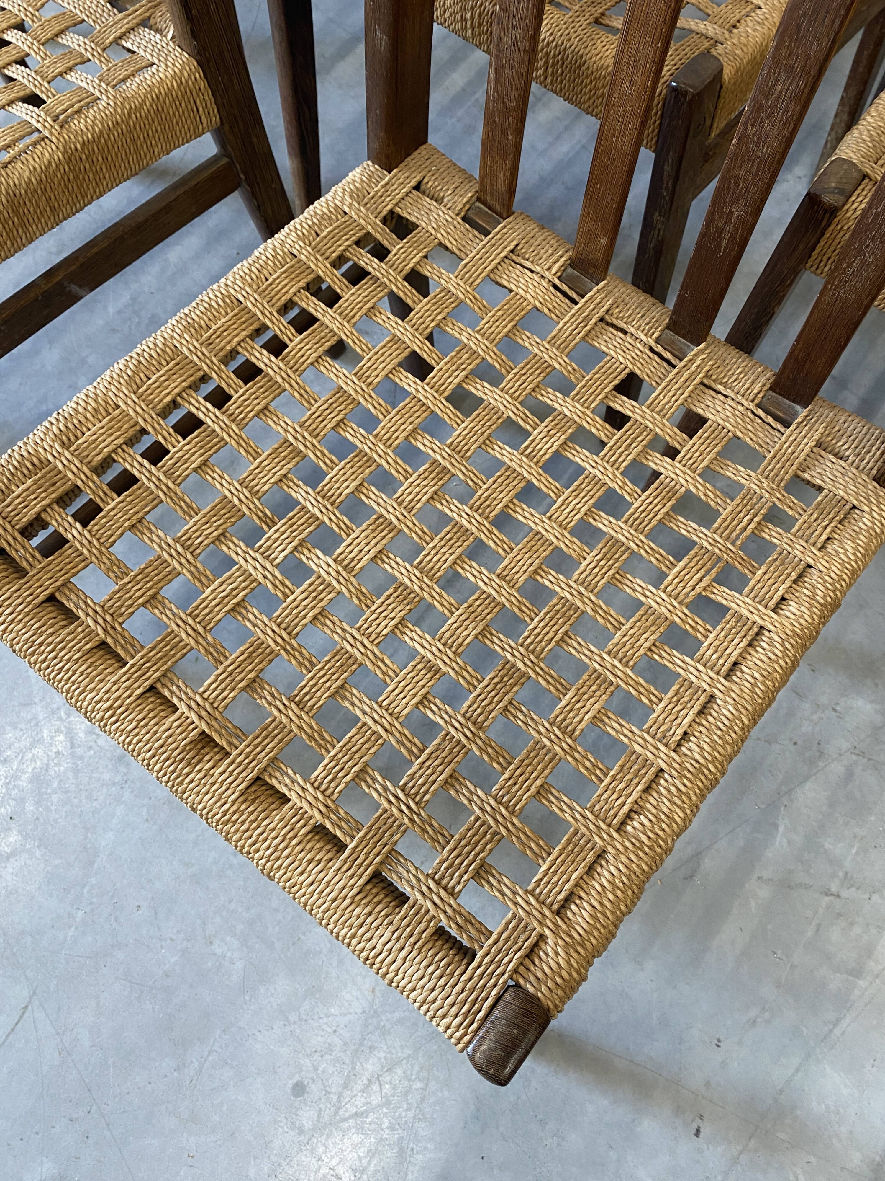 8 wooden chairs with woven rope, 1950s