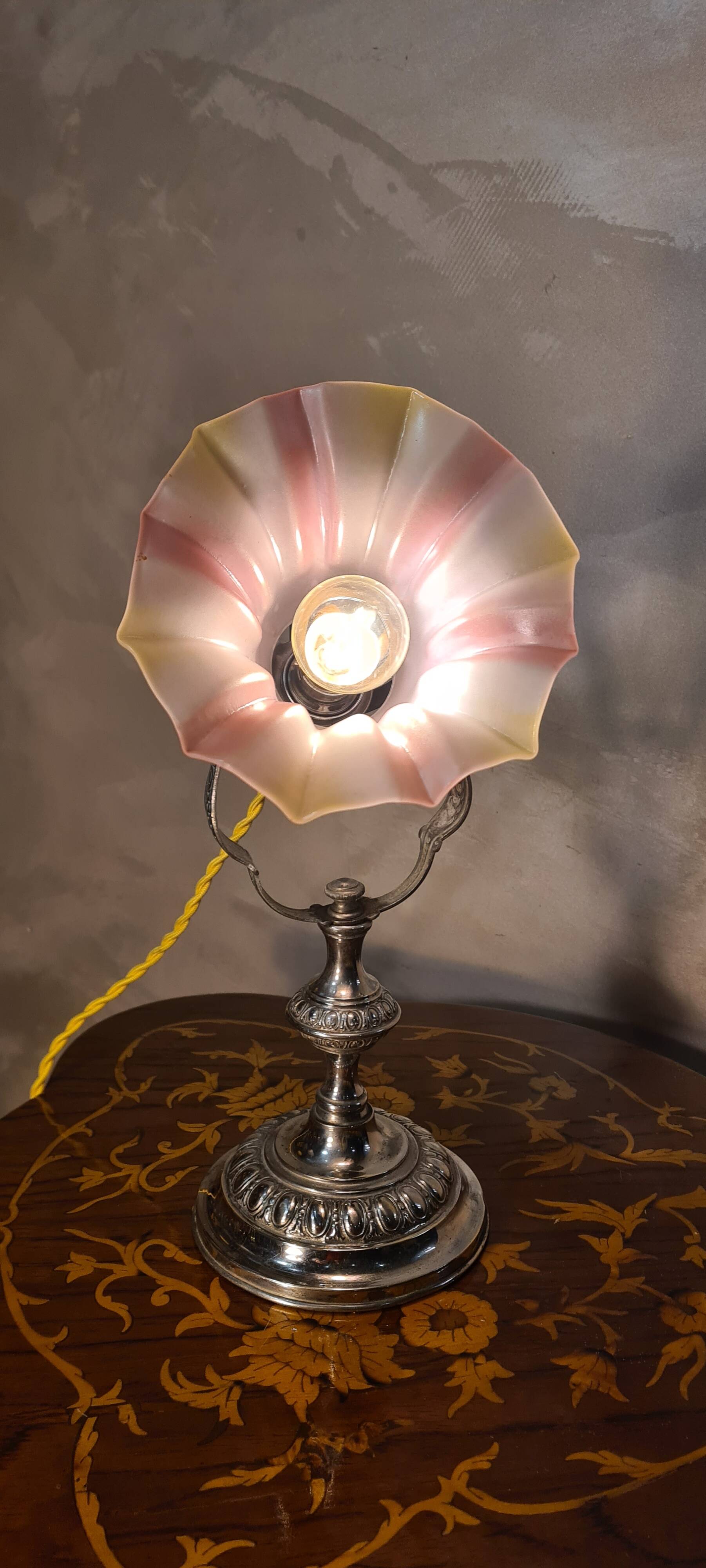 Art Nouveau nickel-plated bronze marine lamp, tri-color opaline tulip shade, 33x