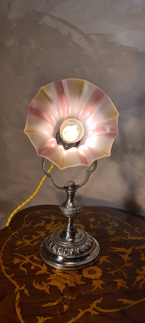 lampe de marine bronze nickelé art nouveau, tulipe opaline tri colors  ,33x