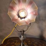 Art Nouveau nickel-plated bronze marine lamp, tri-color opaline tulip shade, 33x