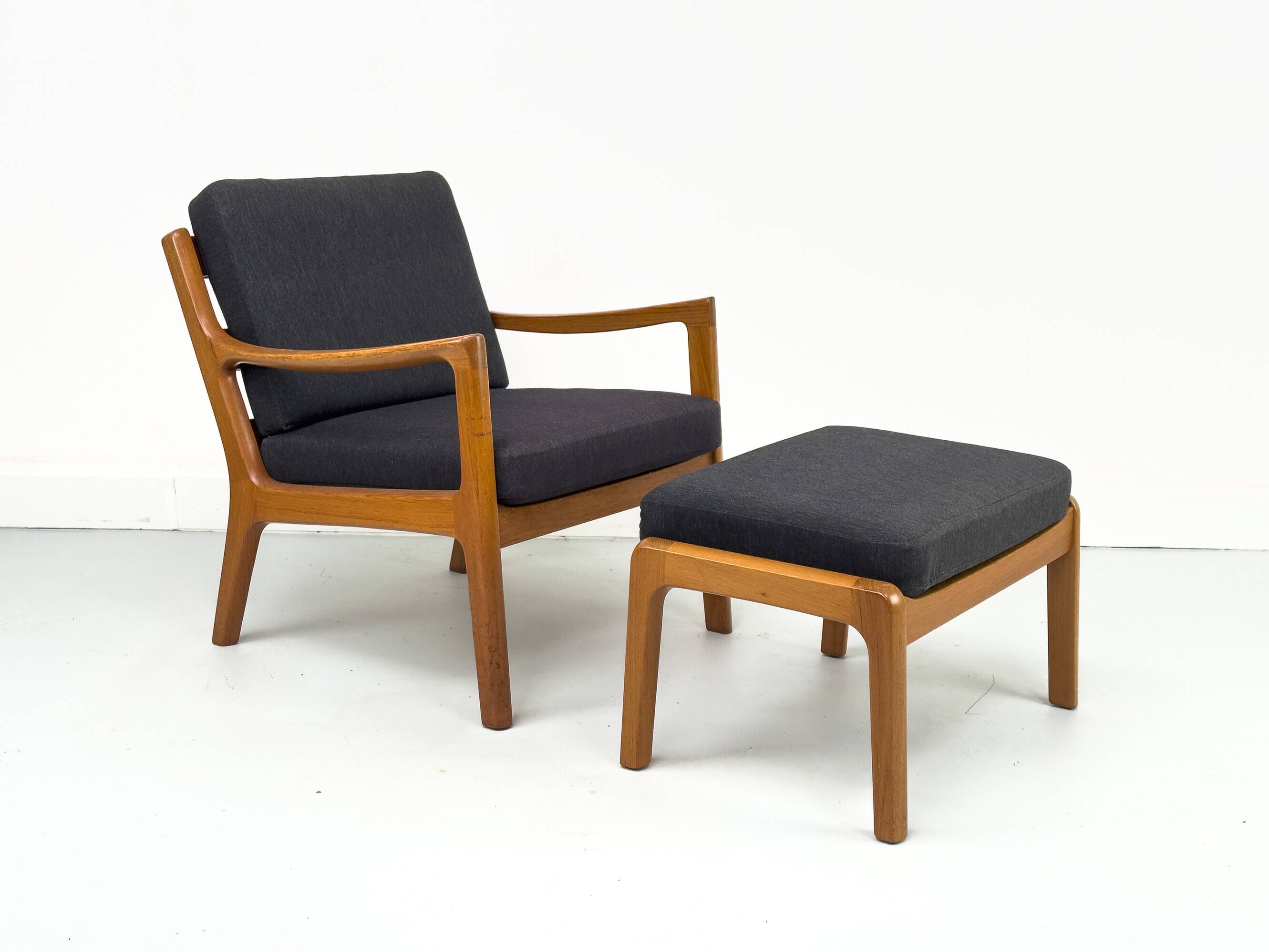 Senator Lounge Chair and Ottoman in Teak and Wool by Ole Wanscher for P. Je