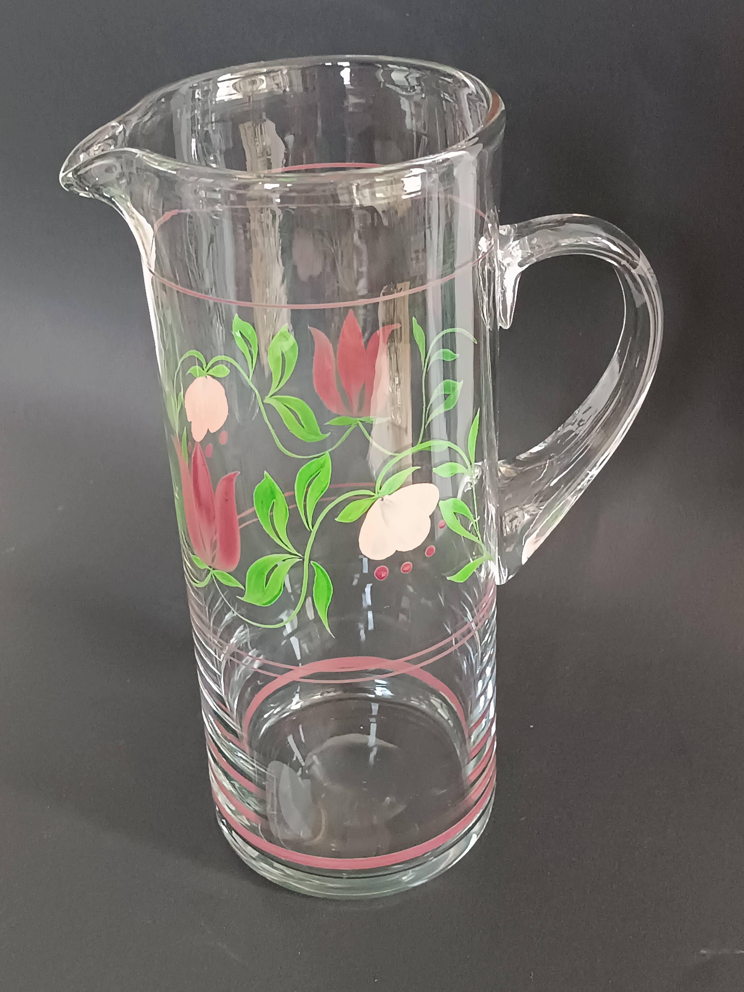 Carafe and four glasses in painted crystal, Hartzviller crystal factory, 1970