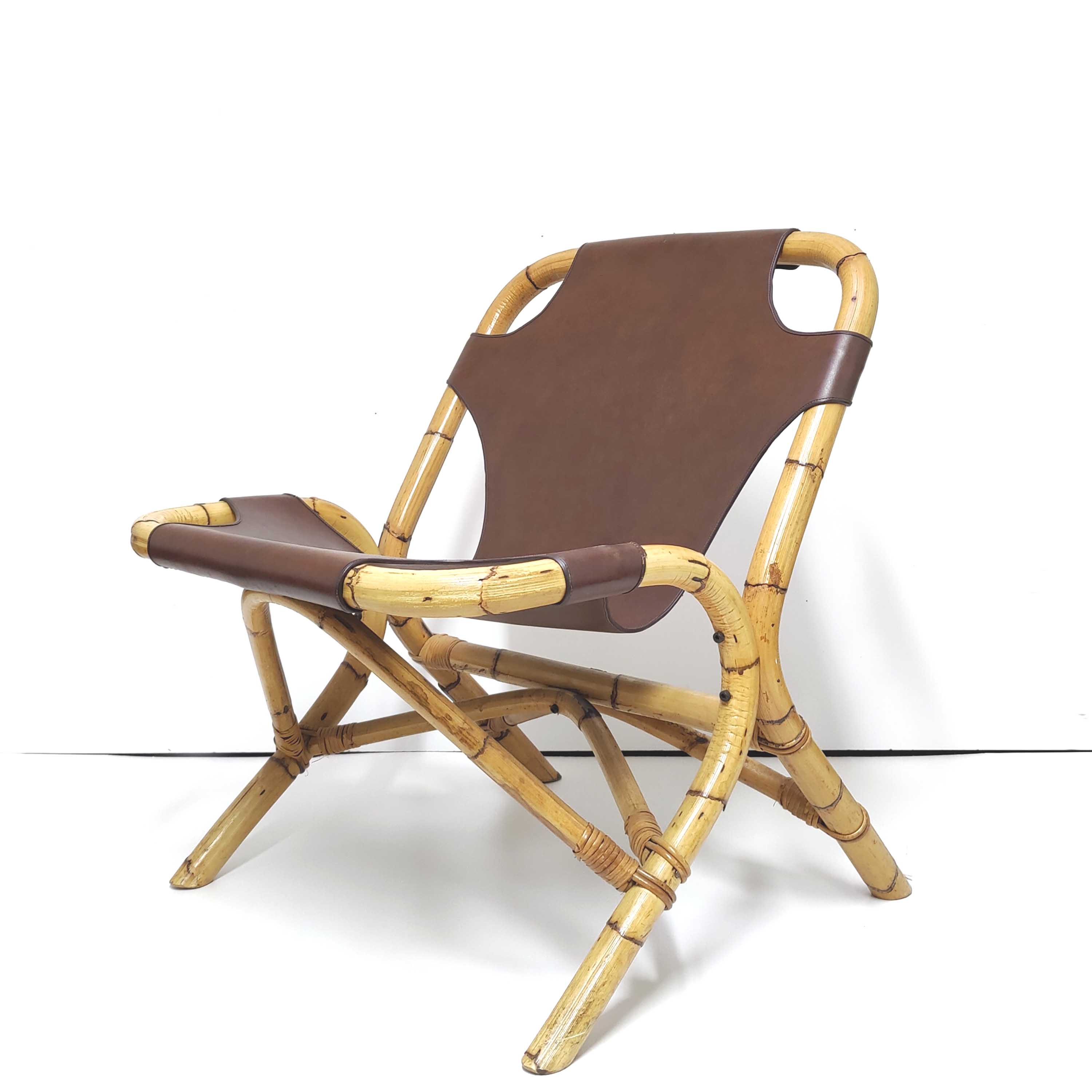 Vintage armchair bamboo rattan and leather