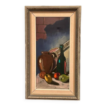 Huile sur toile originale suédoise – « Nature morte avec bouteille bleue » – Signée – Vintage et encadrée – 74 × 44 cm (29,1" × 17,3")