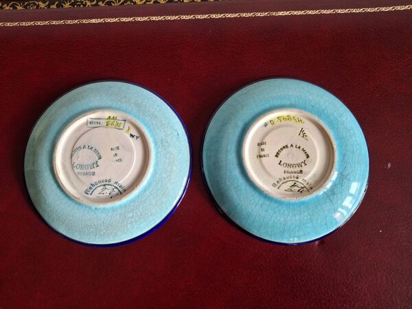 Tête à tête, lot de 2 tasses à thé et soucoupes en émaux de longwy