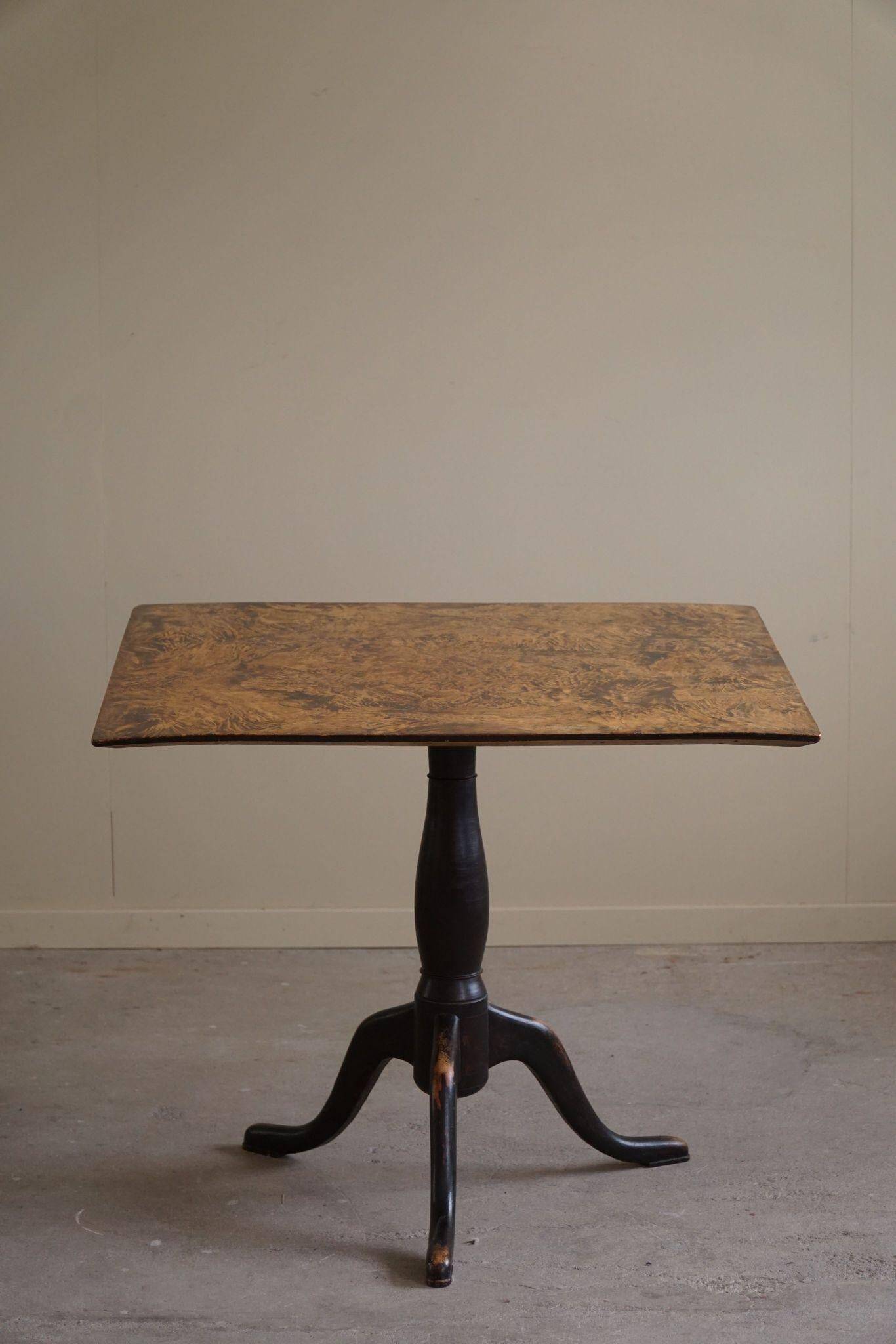 Antique square table with drop leaves made of burl wood, handcrafted in Sweden, 19th century.