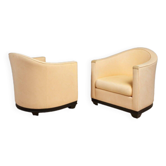 Pair of First Time Art Deco armchairs 1930 cream fabric wooden structure