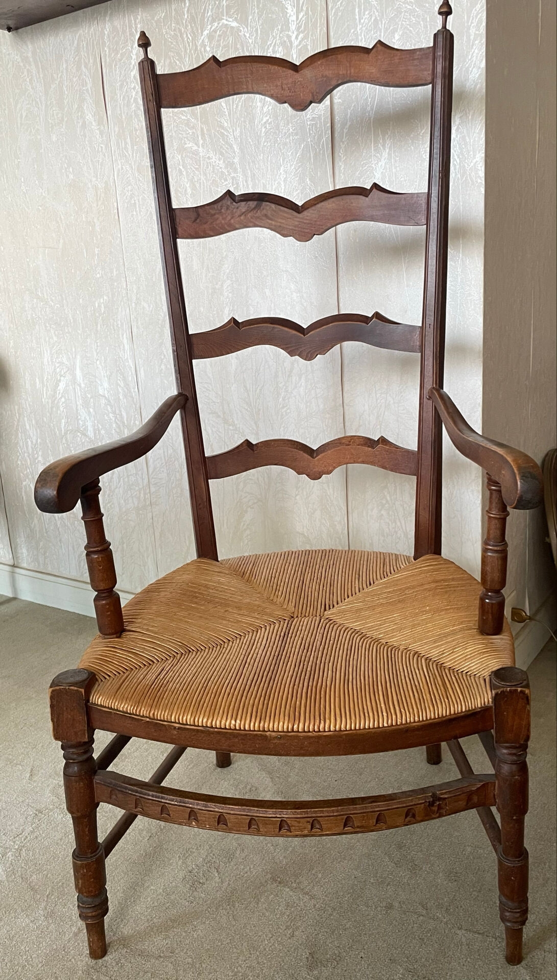 Antique ladderback chair, very high backrest, rush seat.