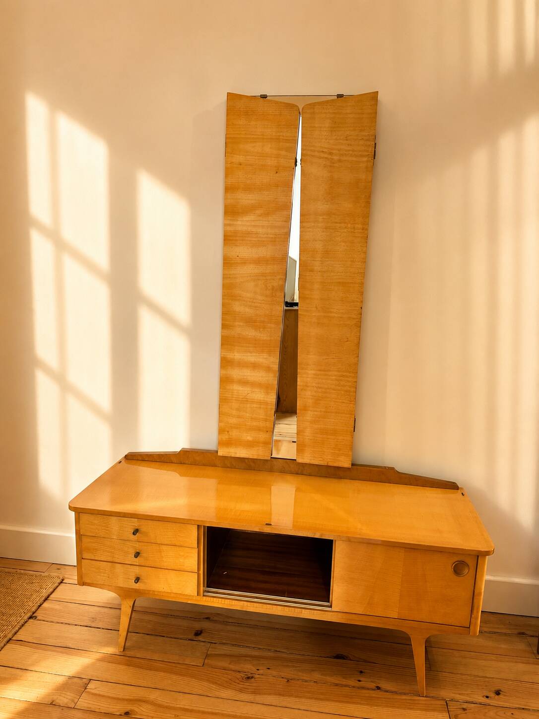Coiffeuse vintage - mid century années 50 en sycomore ondé miroir triptyque