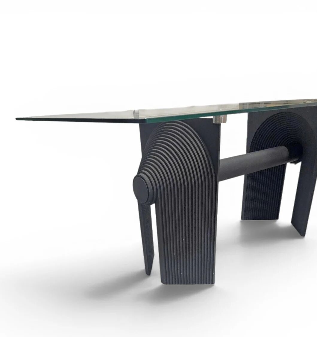 Post Modern Cast Iron Black Dining Table or Desk with Glass Top / 1980s