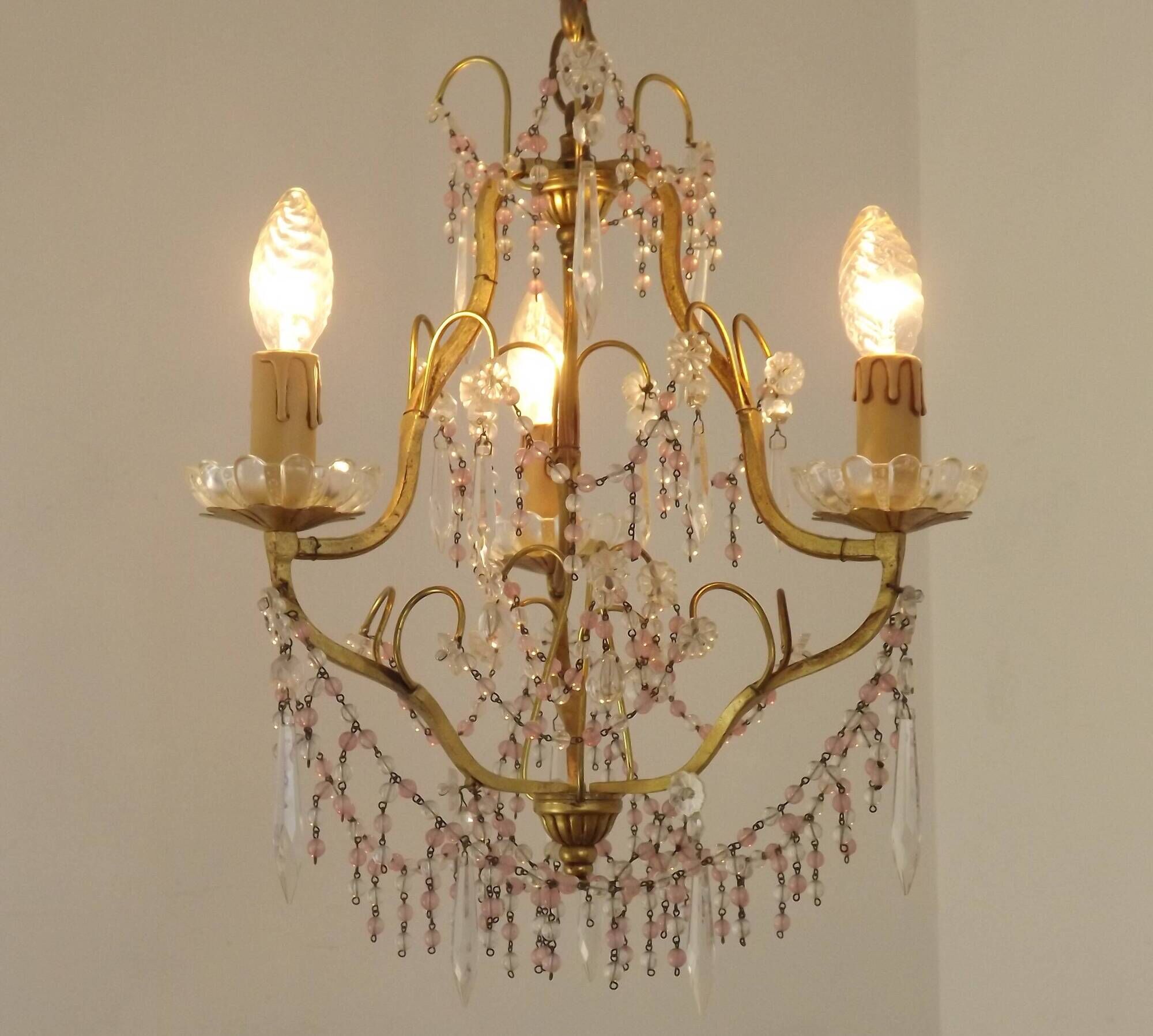 French gilt bronze three-light cage chandelier with pink and clear beaded swags.
