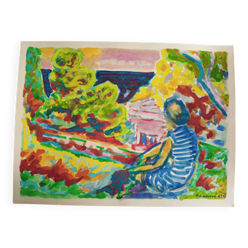 Gouache paysage et personnage, Pierre Lacroux (1909- 1993)