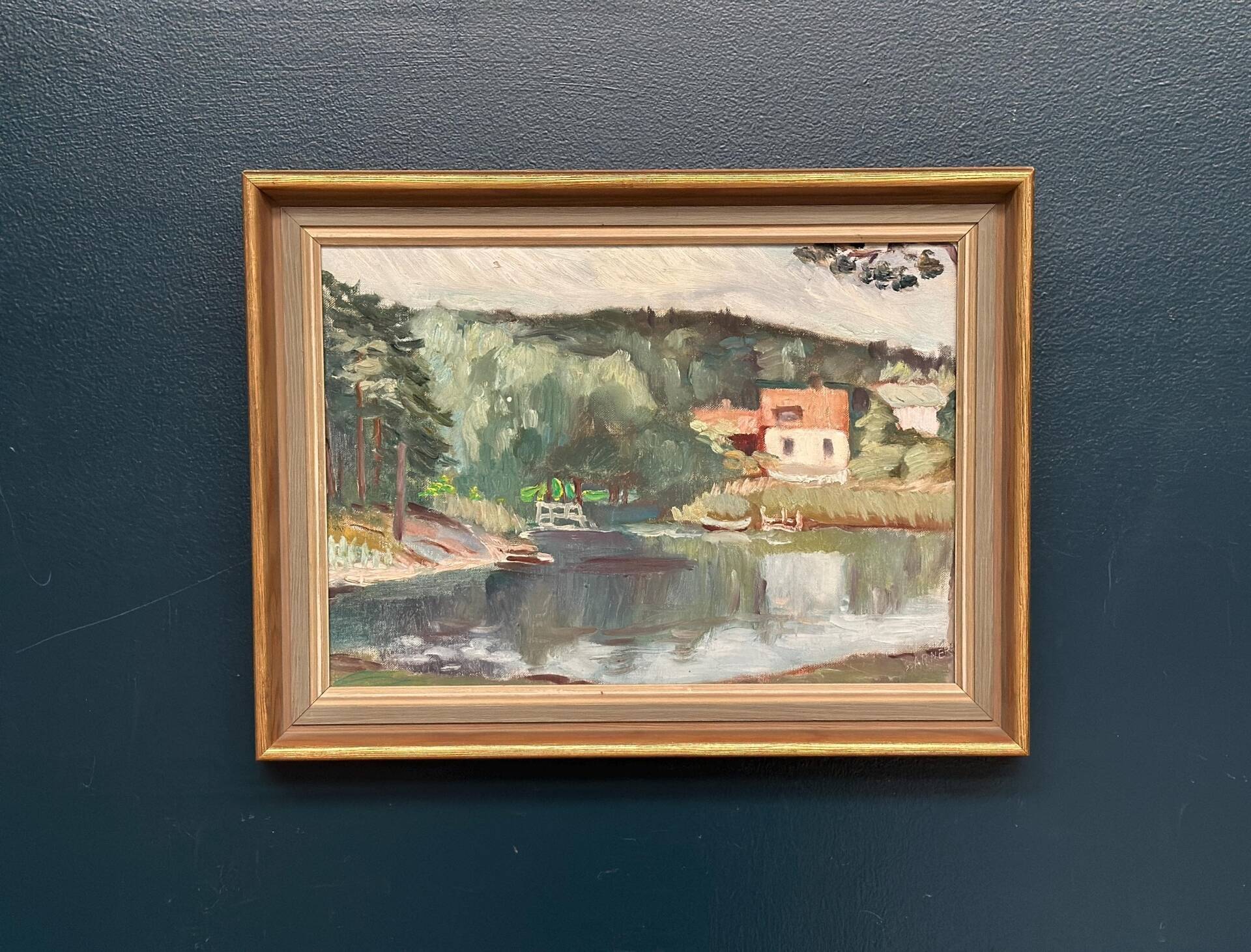 Swedish Oil on Canvas – “Lake with Houses” by G. Arner – Signed