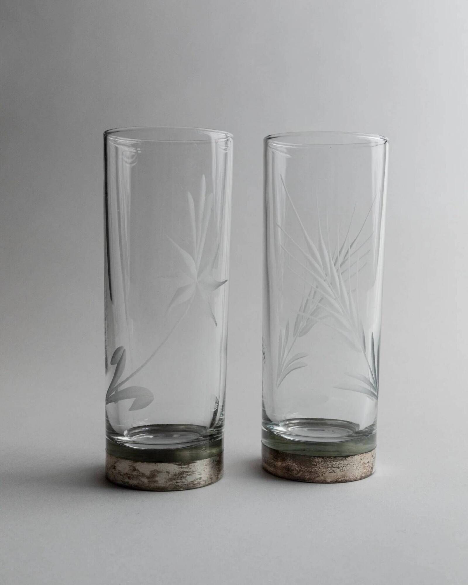 Lot of 6 drinking glasses - silver base, engraved wheat and floral decoration - Italy 1960s