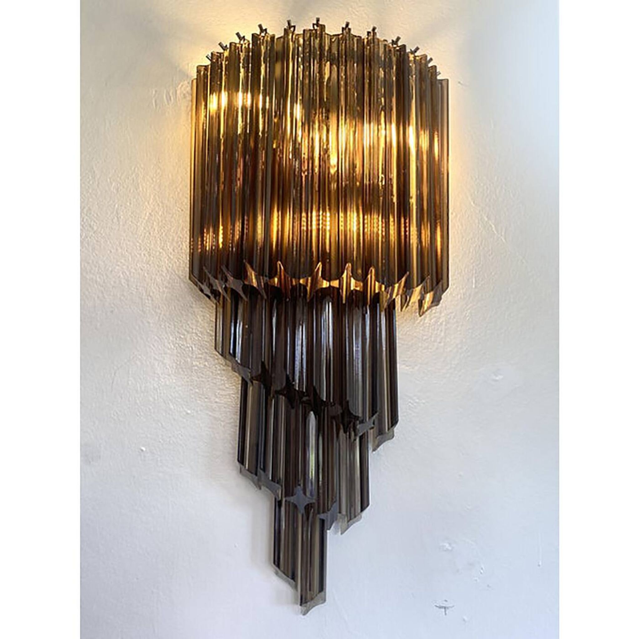 Set of Two Venetian Fumè "Quadriedro" Murano Glass Wall Sconces
