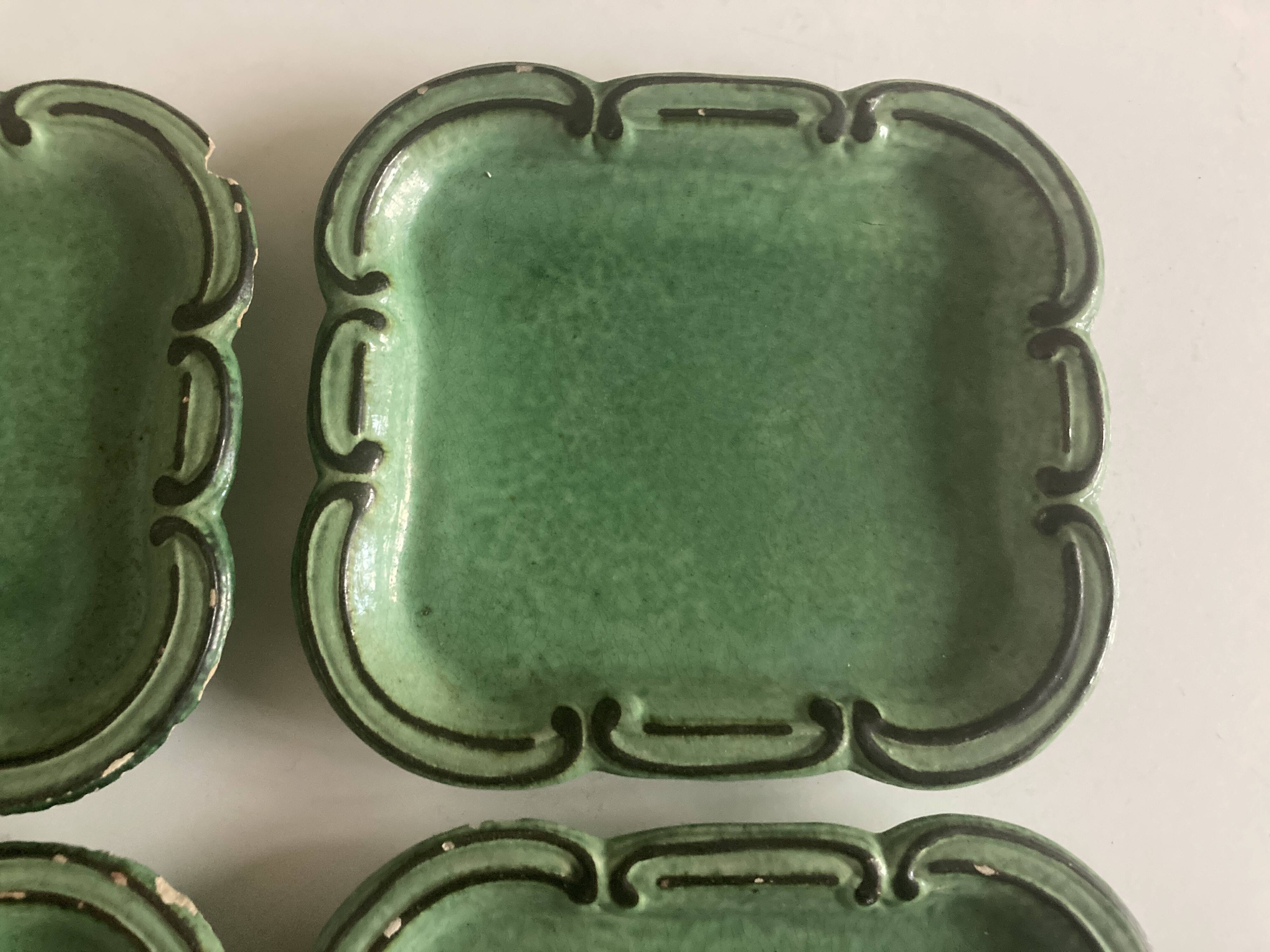 Set of 6 dessert plates in green varnished earth Vallauris 1950