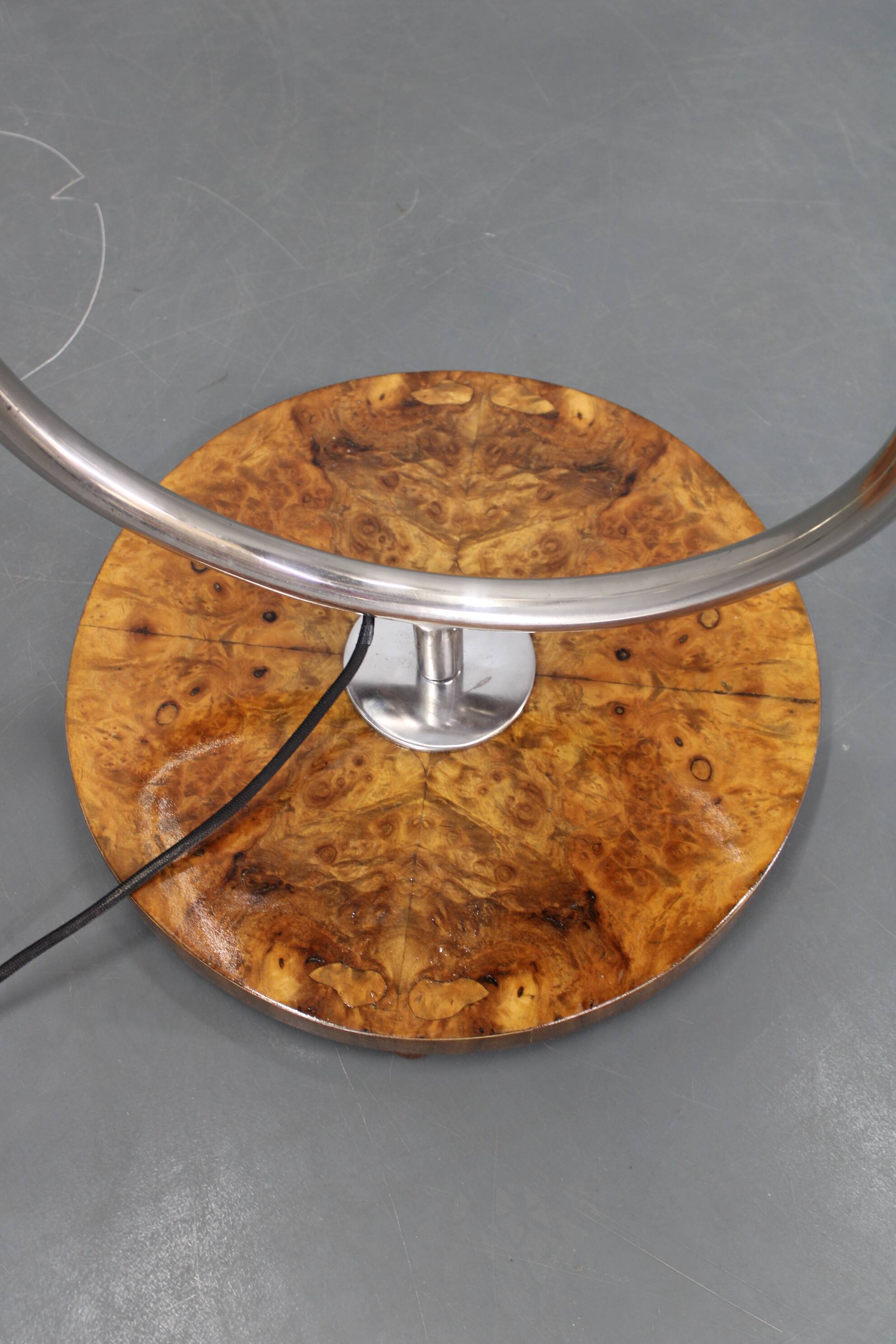 1930s Czechoslovak Art Deco chrome floor lamp with milk glass globe and table