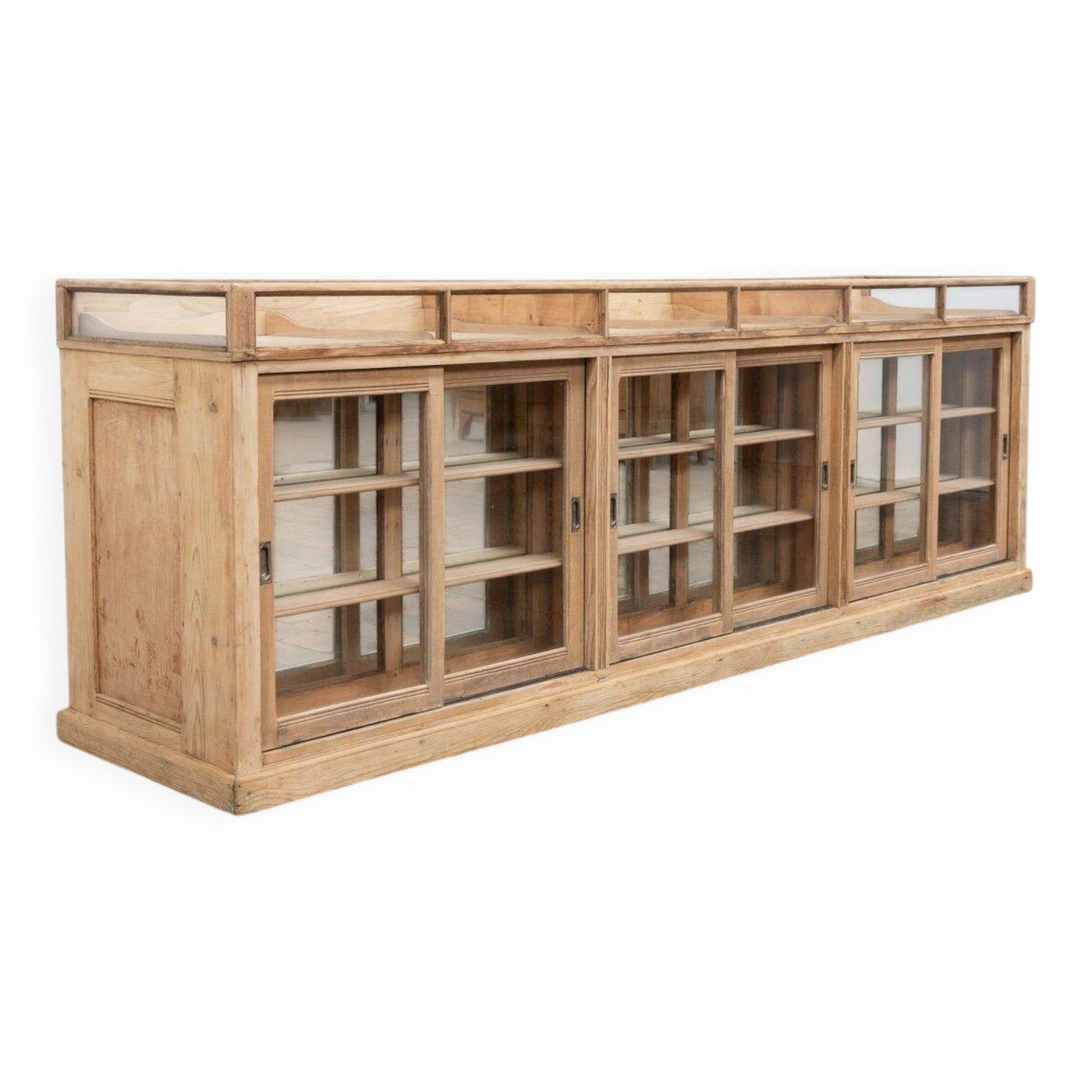 Old glass-fronted pine trade counter - early 20th century