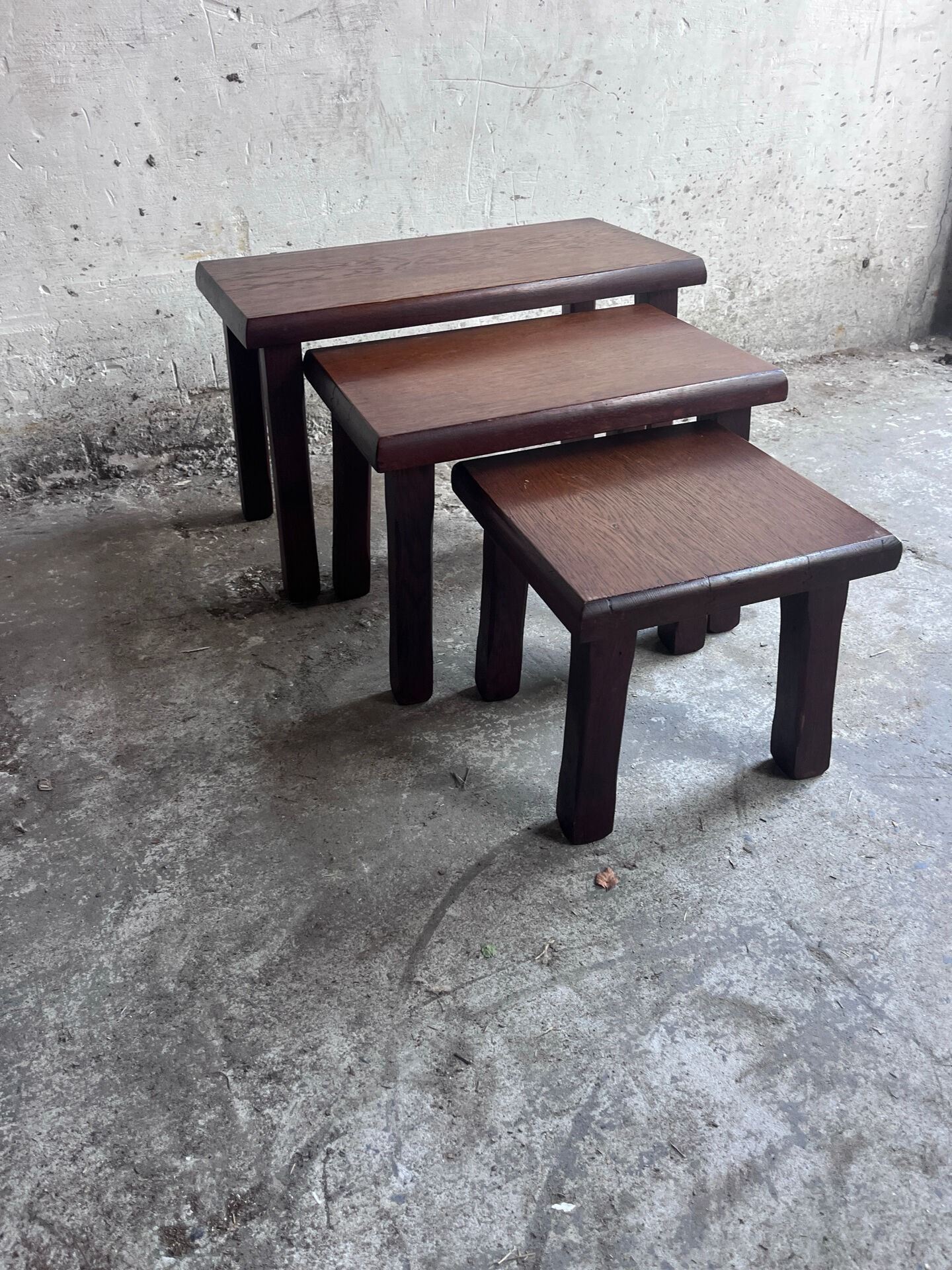Set of three brutalist nesting tables, 1970s.