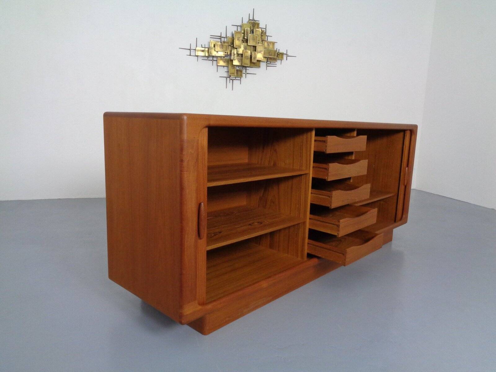 Large teak tambour sideboard from Dyrlund, Denmark, 1970s.
