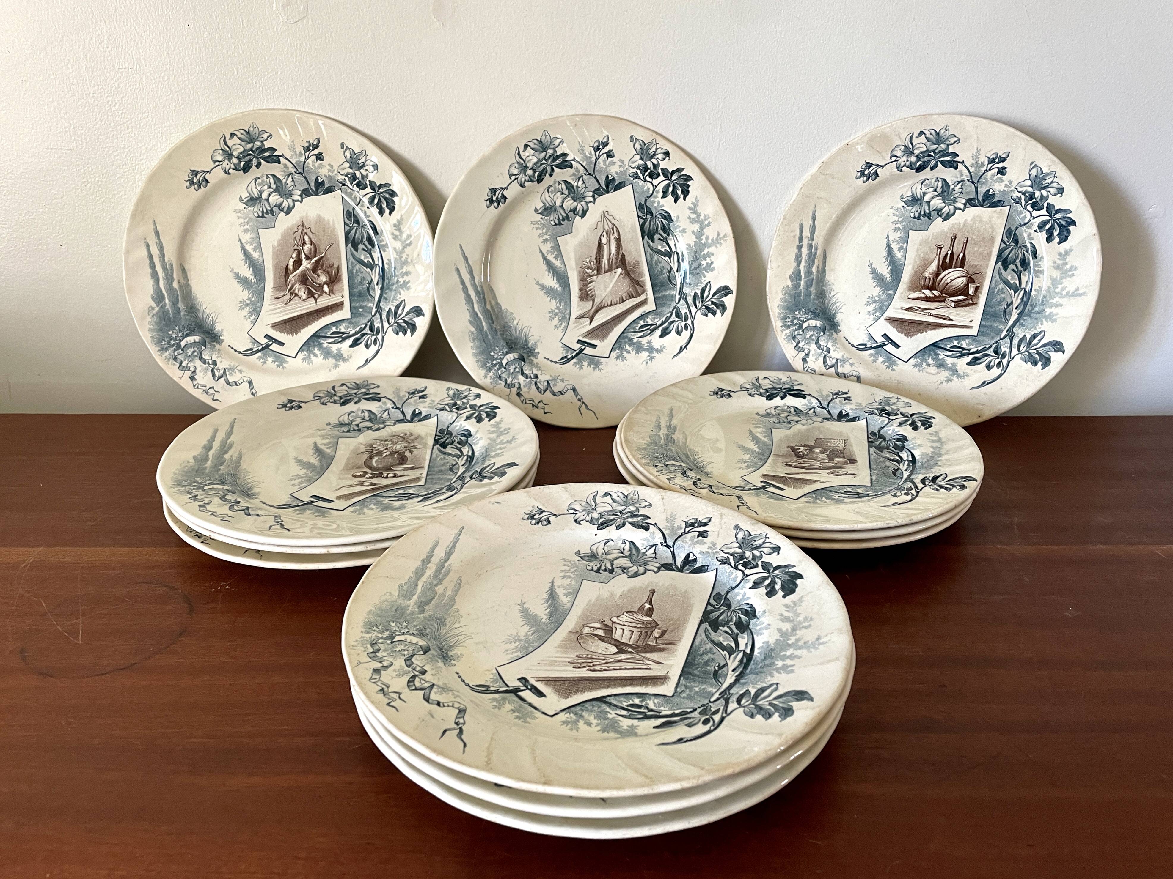 Set of 12 plates Terre de Fer, model Cartels, Creil & Montereau, 1900
