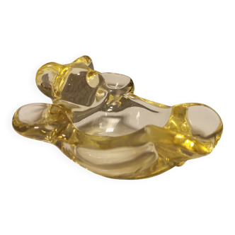 Mid-century yellowish crystal teddy bear ashtray from Vannes Le Châtel France