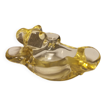 Mid-century yellowish crystal teddy bear ashtray from Vannes Le Châtel France