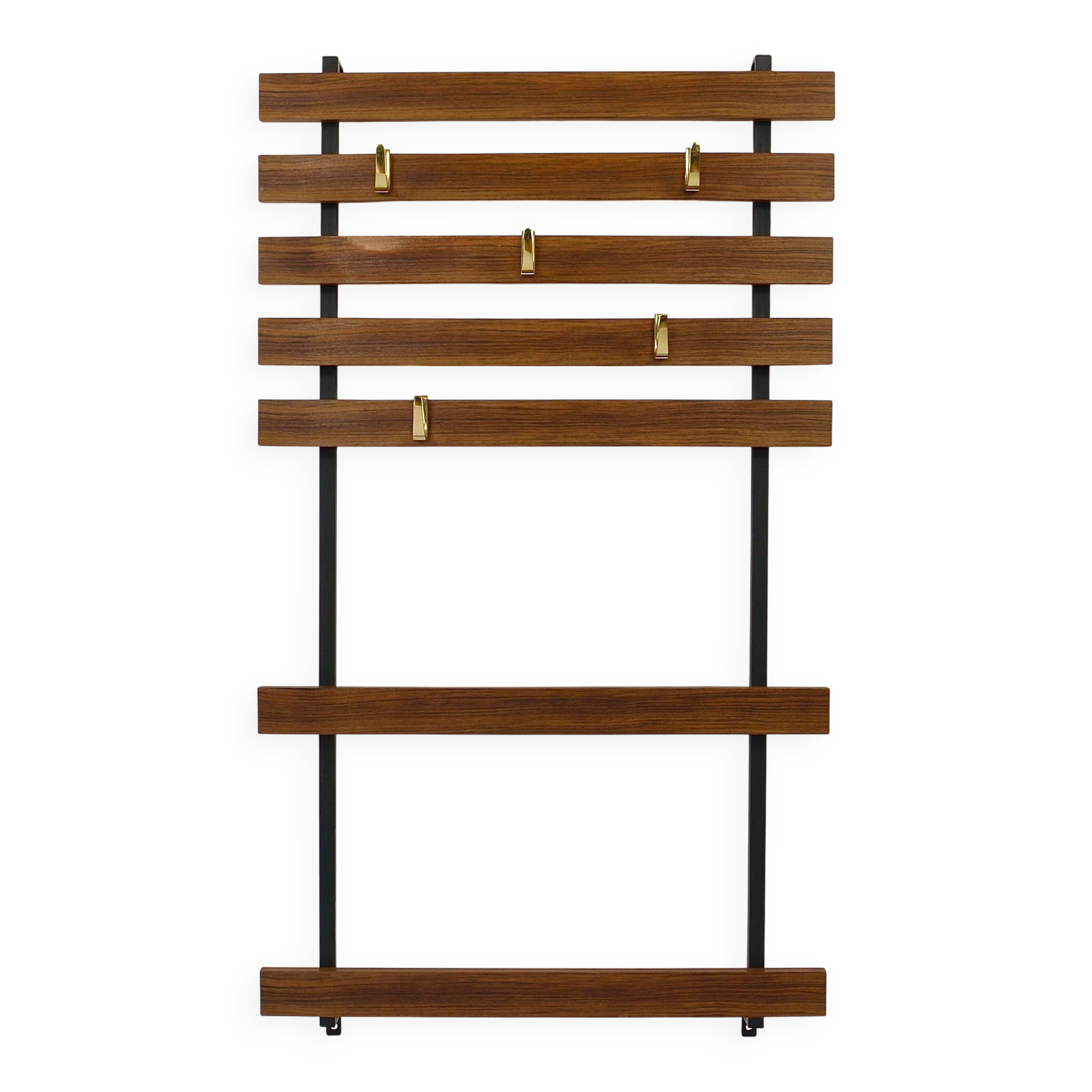 Wall coat rack by Carl Aubock with 5 brass hooks, walnut, iron, Austria, 1950s.